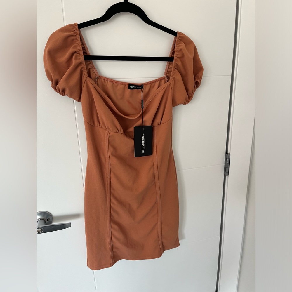 PrettyLittleThing Nude Bodycon Mini Dress | Puff Sleeve Cocktail Party Dress